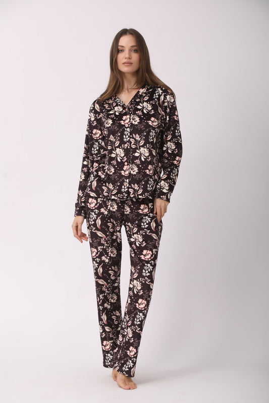 Black Floral Pajamas with Pink Details