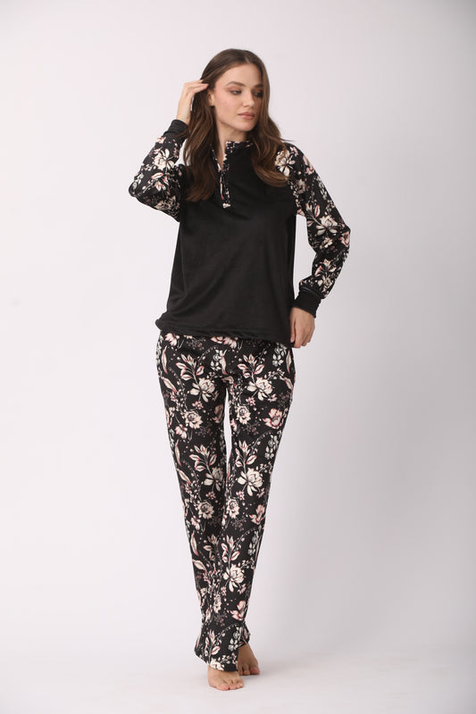 Black Pajamas with Floral Sleeve and Pant Details